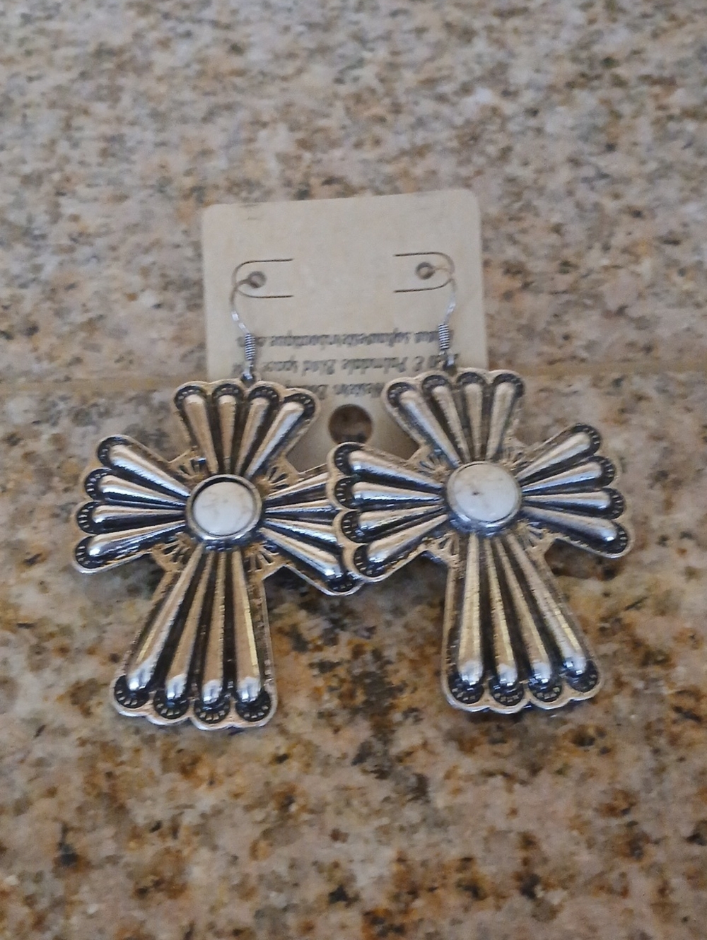 Silver-Tone Cross Dangle Earrings with White Stone Center